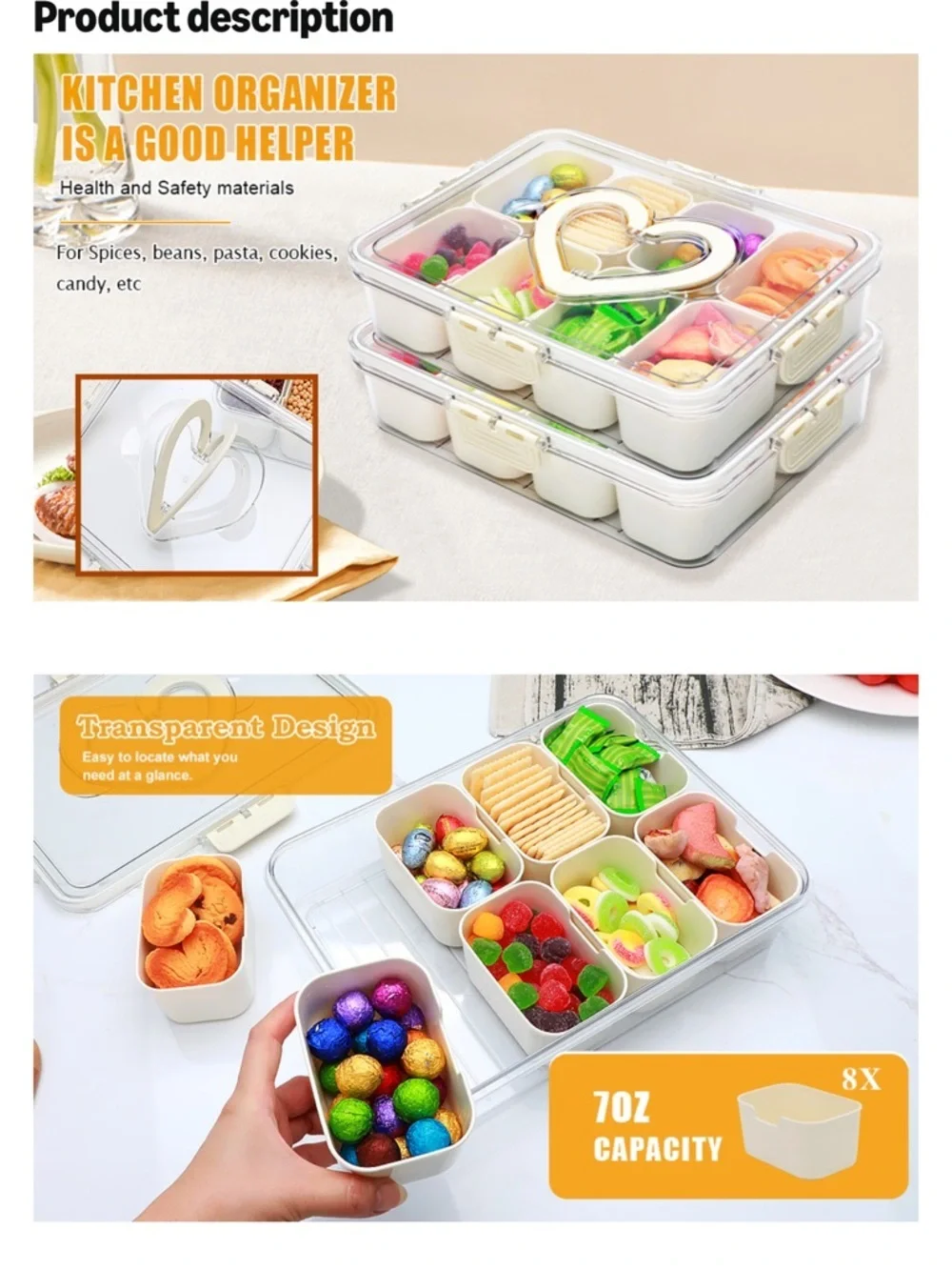Viral Heart Handles Snackle Organizer Box | 8 Compartments | NEW